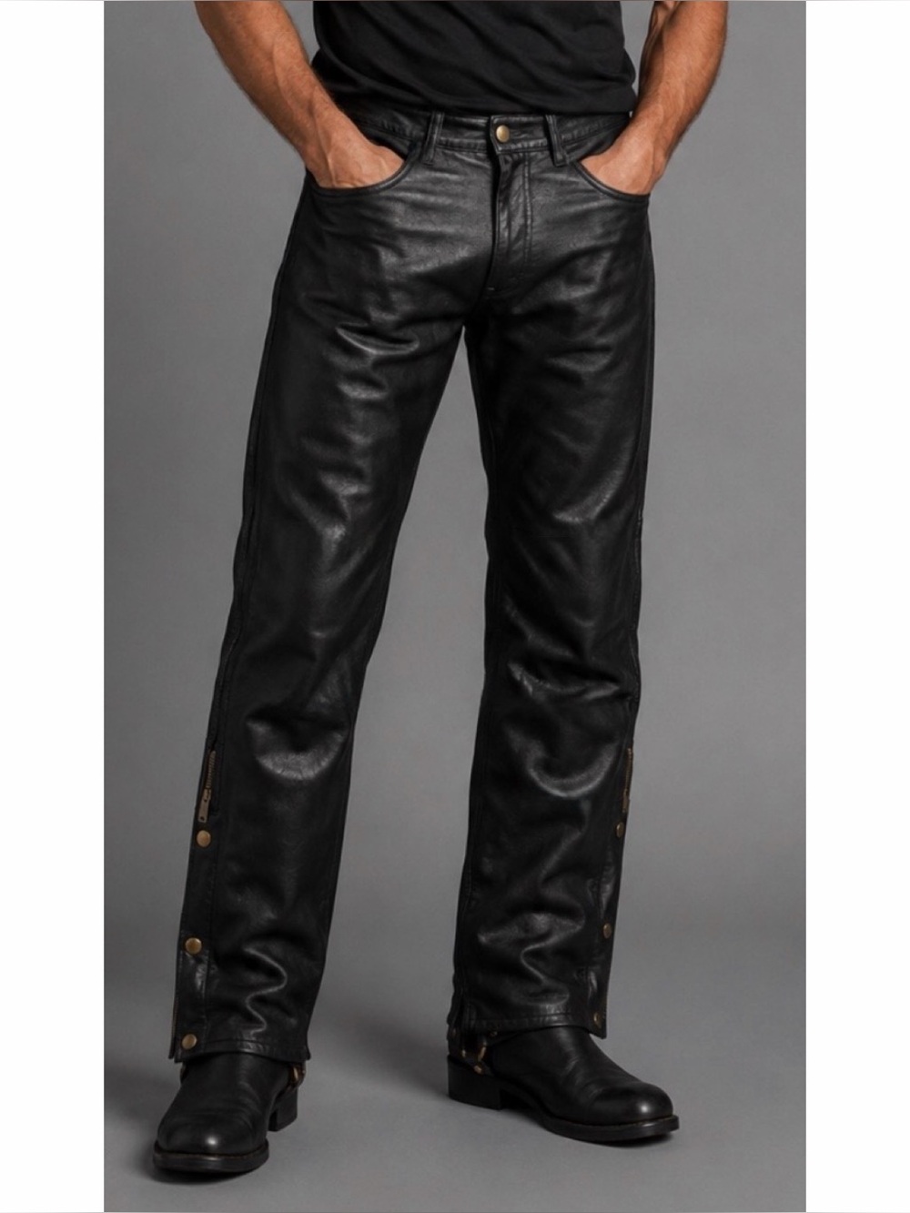 FOX CREEK LEATHER • Black Genuine Leather Straight Leg Motorcyle Riding Pants 42